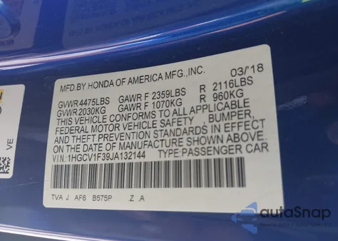 2018 Honda Accord Sport from USA, damaged, VIN 1HGCV1F39JA132144